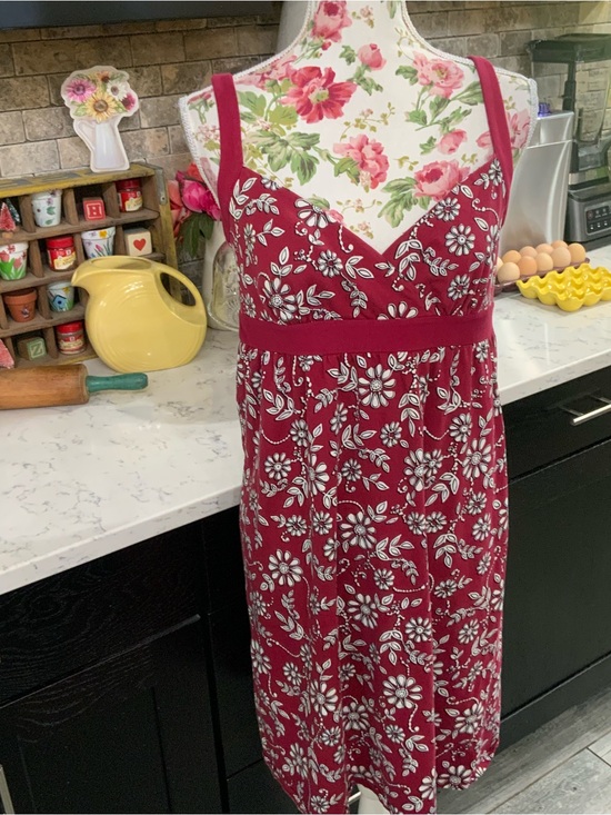 LOFT Dresses & Skirts - Ann Taylor Loft Empire Waist Dress Sz M Stretch Red White Floral Knit Feminine